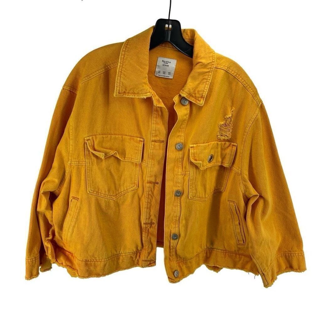 Bershka Women's Ripped Distressed Button-Up Denim Jacket Yellow Size XS